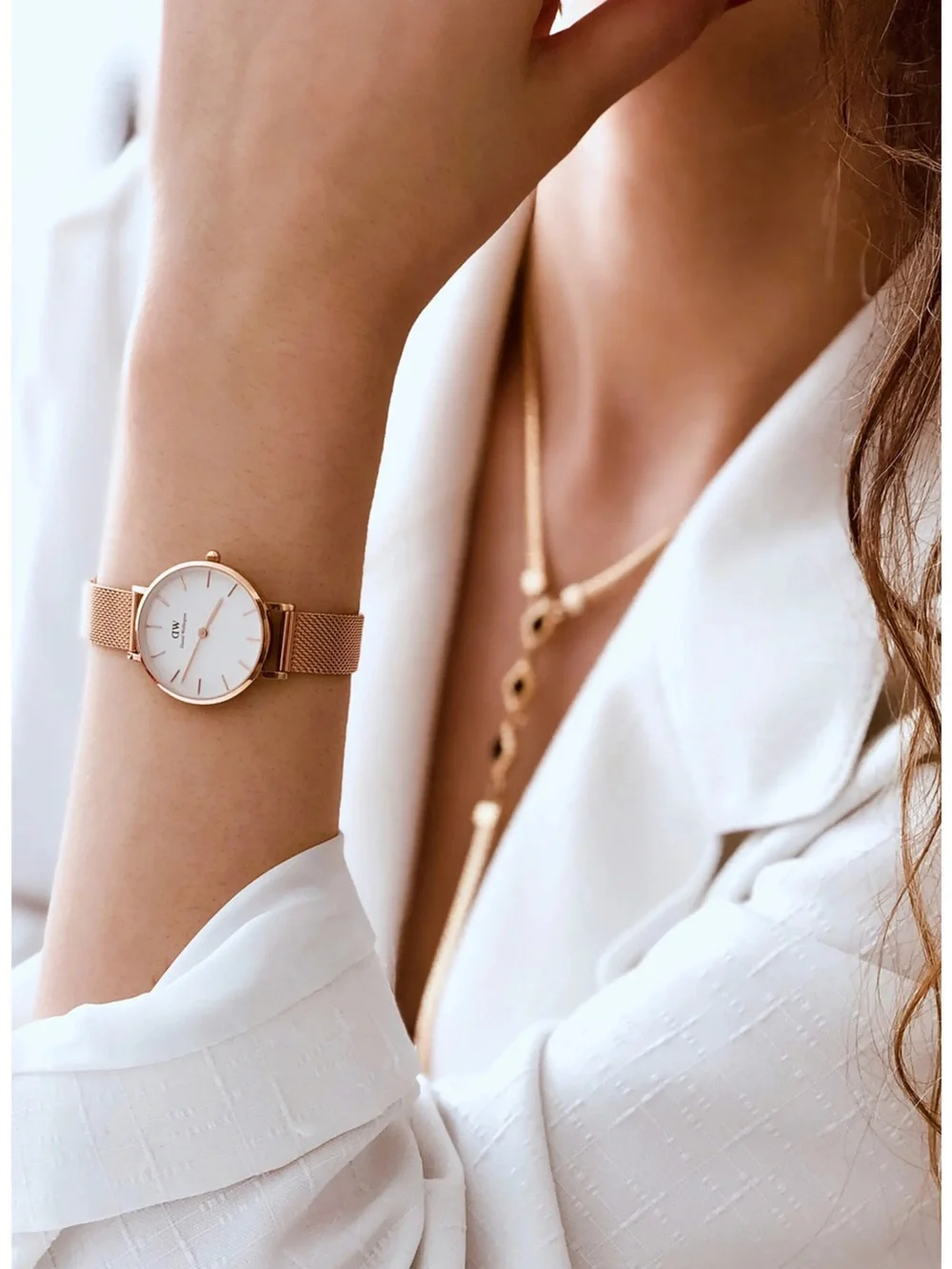 Daniel Wellington Petite Melrose 32mm Rose Gold Watch w/ Mesh Strap & White Dial